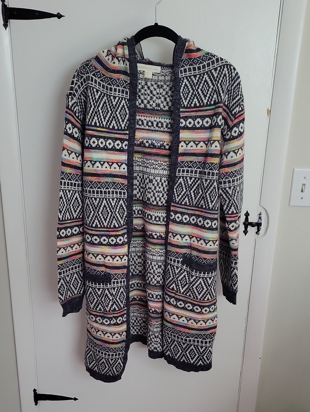 Open-Front Hooded Knit Cardigan in Black with Pastel Stripe